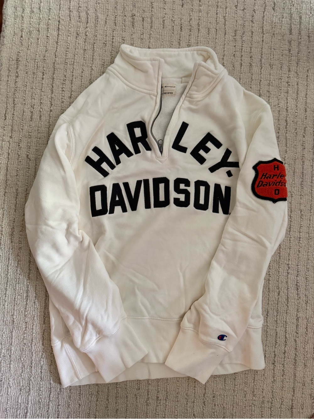 Champion Todd Snyder White Quarter zip with Black Harley Davidson logo